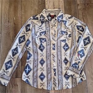 Rock & Roll Cowgirl Cream and Blue Southwestern Button-Up Shirt
